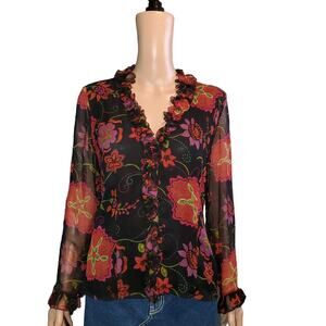 Vintage Spenser Jeremy Size S Silk Black Red Floral Ruffle Blouse Sheer Sleeves